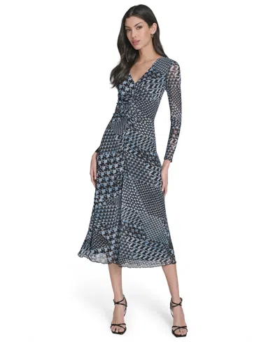 Eliza J Women's Long-sleeve Printed-mesh Midi Dress In Gray