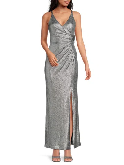 Eliza J Women's Metallic Surplice Slit Gown In Steel