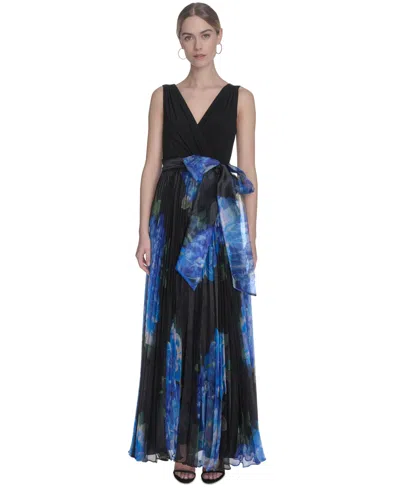 ELIZA J WOMEN'S MIXED-MEDIA V-NECK SLEEVELESS PLEATED GOWN