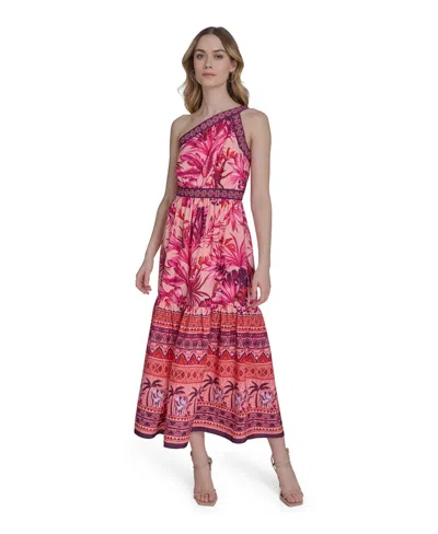 Eliza J Women's Mixed-print One-shoulder Tiered Midi Dress