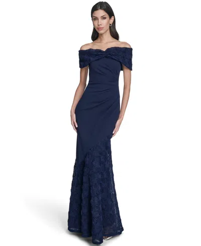 Eliza J Off The Shoulder 3d Floral Gown In Blue