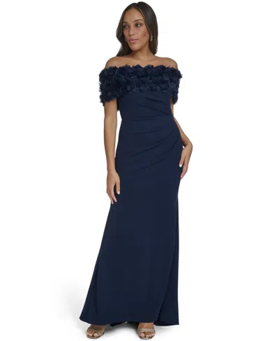 Eliza J Off-the-shoulder Side Tuck Gown In Blue