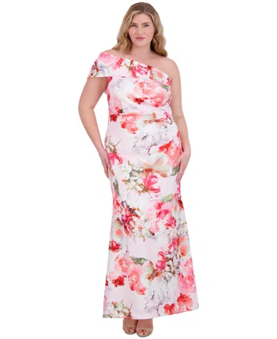 Eliza J Women's One-shoulder Floral-print Ruched Gown In Blush