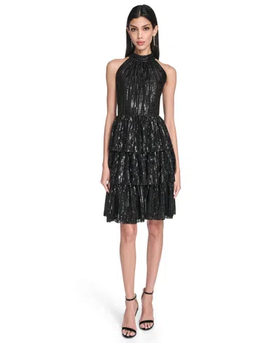 Eliza J Women's Petite Mock Neck Halter Tiered Dress In Black