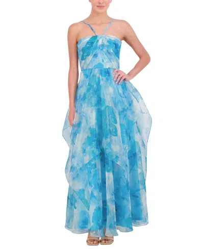 Eliza J Women's Printed Pleated Ruffled Gown In Blue Multi