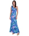 Eliza J Petite Rosette-shoulder Watercolor-print Evening Gown In Blue