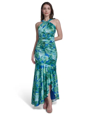 Eliza J Women's Printed Twist Halter Neck Gown In Blue