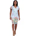 ELIZA J WOMEN'S PRINTED V-NECK BUBBLE-SLEEVE SHEATH DRESS