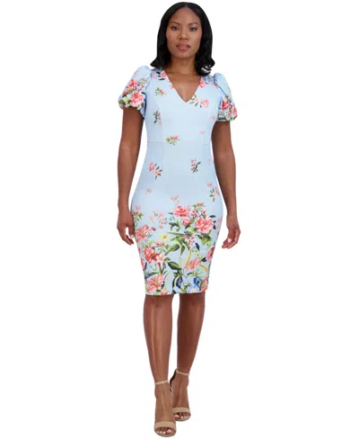 ELIZA J WOMEN'S PRINTED V-NECK BUBBLE-SLEEVE SHEATH DRESS
