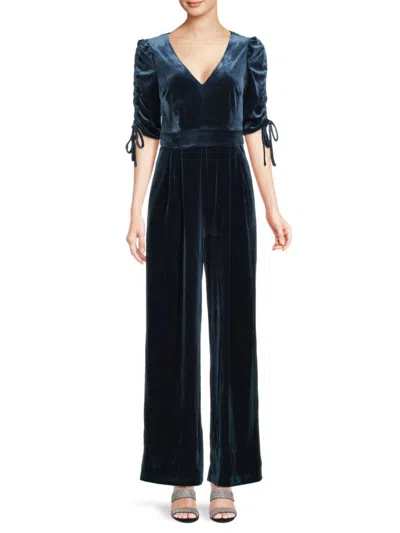 Eliza J Women's Ruched Tie Sleeve Velvet Jumpsuit In Blue