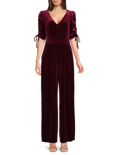 Eliza J Women's Ruched Tie Sleeve Velvet Jumpsuit In Wine