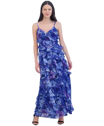 Eliza J Women's Ruffled Floral-print Sleeveless Chiffon Gown In Blue