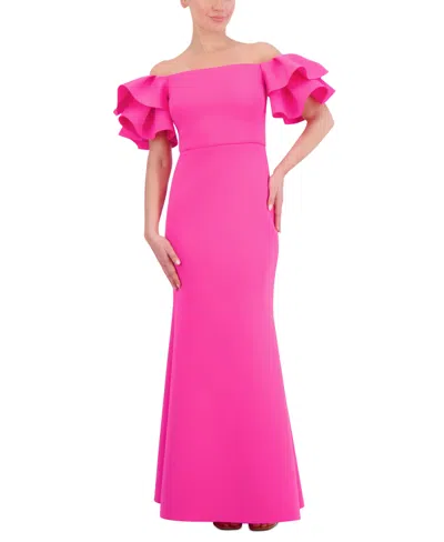 Eliza J Women's Ruffled-sleeve Off-the-shoulder Mermaid Gown In Hot Pink