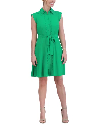 Eliza J Women's Scallop-trim Tie-waist Collared Shirtdress In Green