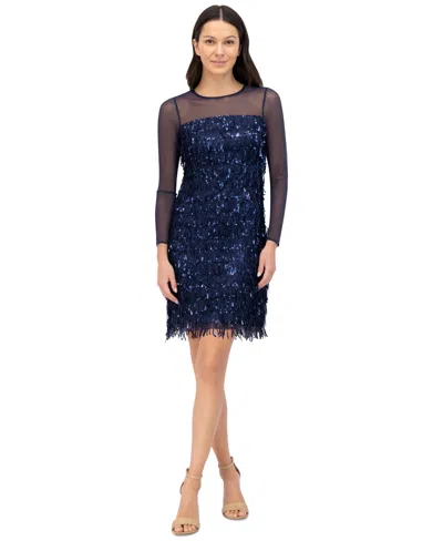 Eliza J Women's Sequined Fringe Illusion-trim Dress In Navy