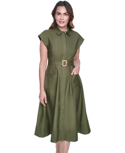 Eliza J Women's Short-sleeve Trapunto Stitch Belted Midi Shirt Dress In Green