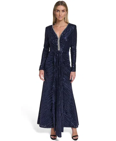 Eliza J Embellished Long Sleeve Mermaid Gown In Blue