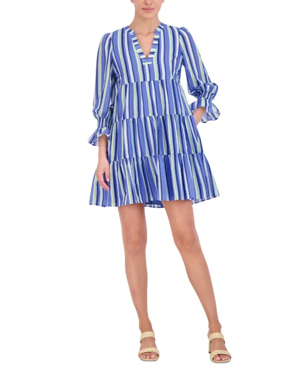 eliza j blue and white striped dress Women's Smocked-sleeve Tiered In Comfortcana Navy Blue Plaid Best dressed guest Size:7 - 8 Years Casual dresses Pintucked chevrons