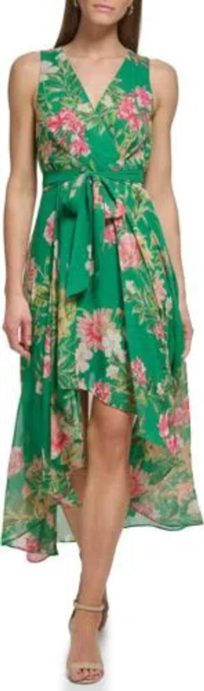 Pre-owned Eliza J Women's Surplus Hi Lo Maxi Style Printed Chiffon Sleeveless Vneck... In Green
