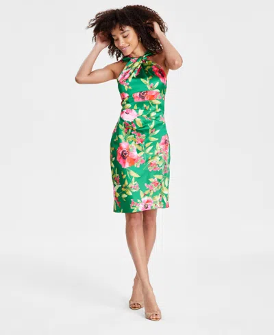Eliza J Women's Twist-front Floral Stretch Satin Dress In Green Mult