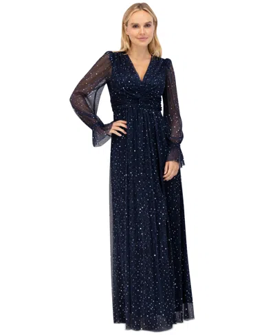 Eliza J Women's Twist-front Pleated Metallic Knit Gown In Navy