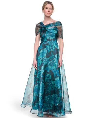 Eliza J Women's Twist Overlay Short-sleeve Ball Gown In Blue