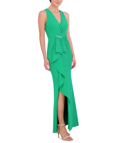 Eliza J Women's V-neck Cascading-ruffle Side-slit Gown In Green