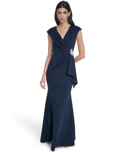 Eliza J Women's V-neck Front Drape Ball Gown In Blue