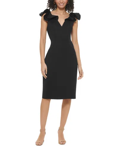 Eliza J Women's V-neck Ruffle-trim Sheath Dress In Black