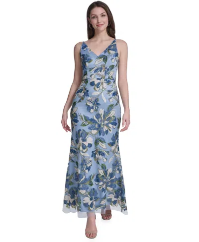 Eliza J Women's V-neck Floral Sequin Gown In Blue