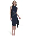 Eliza J Mixed Media High Neck Cocktail Sheath Dress In Blue
