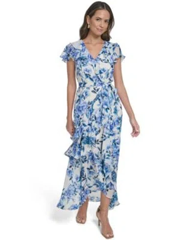 Eliza J Womens Asymmetrical Ruffle V Neck Maxi Dress In Blue