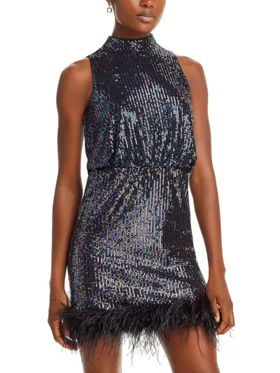Eliza J Womens Feather Trim Sequined Cocktail And Party Dress In Black Multi