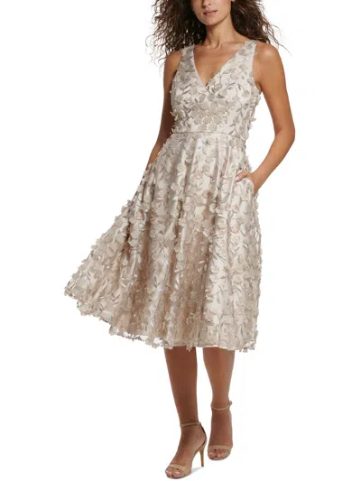 Eliza J Womens Floral Overlay Midi Fit & Flare Dress In Beige