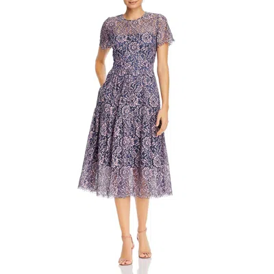 Eliza J Womens Lace Overlay Short Sleeve Fit & Flare Dress In Blue