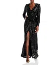 Eliza J Long Sleeve V Neck Sequin Gown In Black