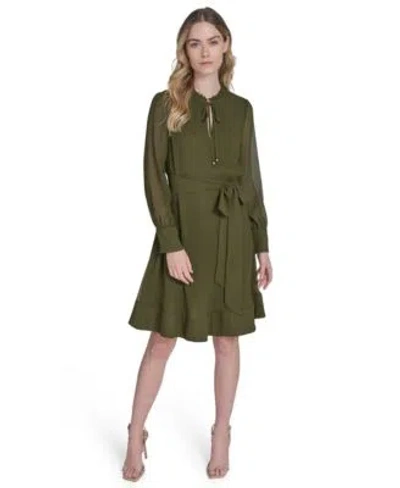 Eliza J Womens Solid Color Pleated Chiffon Tie Belt Dress 0p 18 In Green