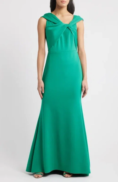 Eliza J Wrap Neckline Scuba Crepe Gown In Jade