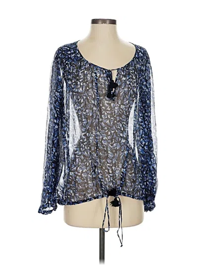 Pre-owned Elizabeth And James Long Sleeve Silk Top Blue Keyhole Neckline Tops