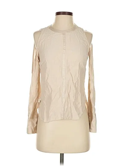 Pre-owned Elizabeth And James Long Sleeve Silk Top Tan Metallic Pattern Mock Neckline Tops