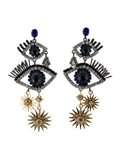 Pre-owned Elizabeth Cole Crystal Mara Dangle Drop Earrings In Black/blue/clear