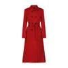 Elizabeth Diamant Women's Red Wool, Double Breasted, Belted Trench Coat With Asymmetrical Collar In Red