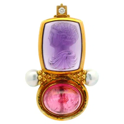 Pre-owned Elizabeth Gage 18k Gold Cameo Amethyst Pink Tourmaline Pearl Diamond Pin Brooch In Purple