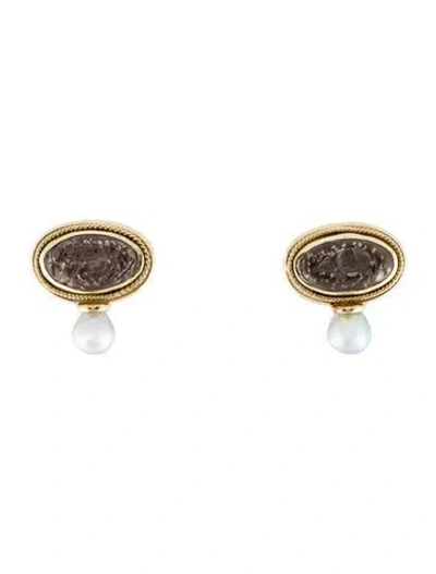 Pre-owned Elizabeth Gage 18k Pearl & Meteorite Clip-on Earrings In Multi