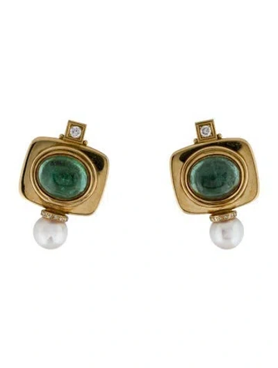 Pre-owned Elizabeth Gage 18k Pearl, Tourmaline & Diamond Clip-on Earrings In Multicolor