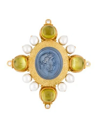 Pre-owned Elizabeth Gage 18k Pearl, Tourmaline Mother Of Pearl Doublet, Glass Intaglio, & Diamond Pin Brooch In Multi