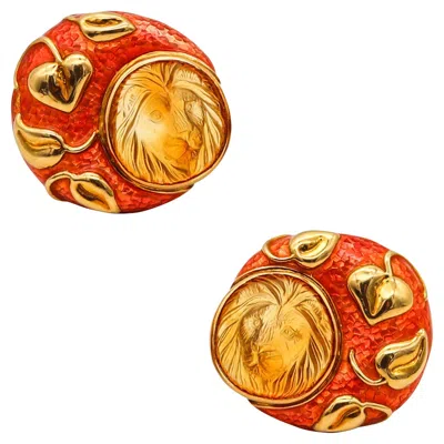 Pre-owned Elizabeth Gage 1993 London Enameled Lions Clips Earrings 18kt Gold With Citrines In Multi