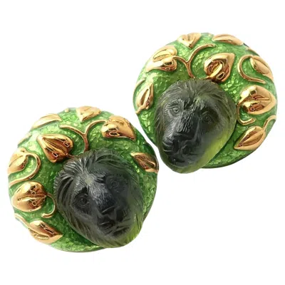 Pre-owned Elizabeth Gage Carved Peridot Green Enamel Yellow Gold Large Lion Earrings