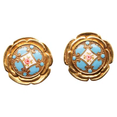 Pre-owned Elizabeth Gage Estate 18k Yellow Gold  Enamel Painting Earrings - Vhk#467a