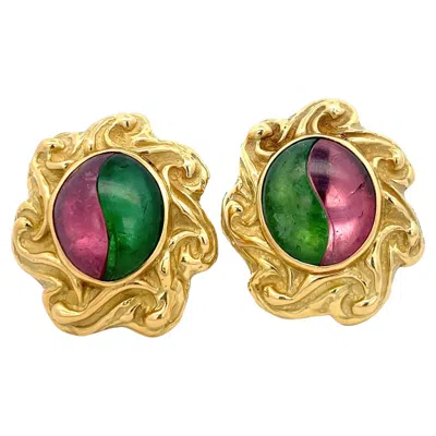 Pre-owned Elizabeth Gage Pink & Green Tourmaline Clip-on Earrings 18k Yellow Gold